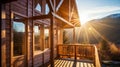 Wooden mountain house built from wood logs on sunny day