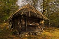 Wooden mountain hut at sunny autumn day, Radocelo mountain