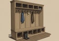 A wooden mudroom storage unit with a natural finish features multiple Royalty Free Stock Photo
