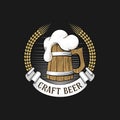 Wooden mug of beer with barley ears. Craft brewery logo.