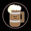 Wooden mug with a frothy drink and the text of Beer Time. Logo, symbol, emblem. Vector illustration.