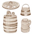 Wooden mugs, bucket, wheel, barrel drawing