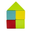 Wooden multicolor construction house cubes bricks isolated on the white background