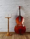 Wooden musical mockup poster stand and contrabass in retro inter