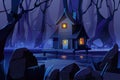 Wooden mystic stilt house on swamp in night forest