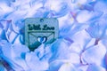 Wooden nameplate with love on soft blue petal background with waterdrops