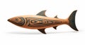 Native American Inspired Wood Fish Sculpture With Carving On White Background