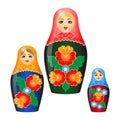 Wooden nesting dolls in shawls and ethnic floristic patterns