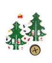 Wooden New Year`s, Christmas tree, with small toys, decorations, balls, a disassembled souvenir on white background.