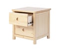 Wooden nightstand with open drawer isolated over white.