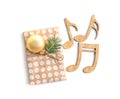 Wooden notes and gift box on white background. Royalty Free Stock Photo