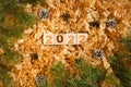 wooden numbers 2022 cubes symbolizng new year celebration. pine cones and shavings near pine-tree