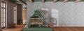 Wooden nursery with wallpaper in white and green tones with frame mockup. Canopy crib, panoramic view, wall mockup with wallpaper