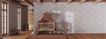 Wooden nursery with wallpaper in white and orange tones with frame mockup. Canopy crib, panoramic view, wall mockup with wallpaper