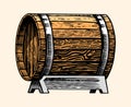 Wooden oak barrel or cask with alcohol. Vessel with wine, brandy or whiskey in vintage style. Hand Drawn engraved sketch