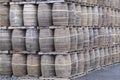 Wooden oak barrel stack for whisky distillery Royalty Free Stock Photo