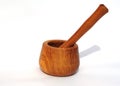 Wooden Oak Mortar with Pestle for Herbs and Spices on White Background Royalty Free Stock Photo