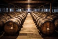 Wooden oak port barrels in neat rows. Wine barrels in a old dark wine cellar. Generative AI Royalty Free Stock Photo