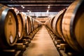 Wooden oak port barrels in neat rows. Wine barrels in a old dark wine cellar. Generative AI Royalty Free Stock Photo