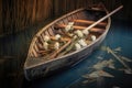 wooden oars in an antique rowboat, filled with water