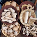 Wooden Objects in Cane Baskets