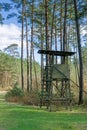 A wooden observation or hunting tower in the forest