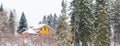 Wooden ochre cottage in a winter forest landscape, snowing time, selective focus