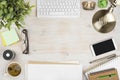 Wooden office desk top view with stationery and computer accessories Royalty Free Stock Photo