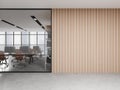 Wooden office hall interior with open space area and blank wall Royalty Free Stock Photo