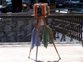 Wooden old camera with tripod Royalty Free Stock Photo
