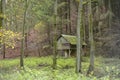 Wooden, old house in the woods in autumn scenery, shelter in the woods. Royalty Free Stock Photo