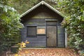 Wooden, old house in the woods in autumn scenery, shelter in the woods. Royalty Free Stock Photo