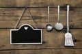 Wooden old kitchen background with old kitchenware, blackboard a Royalty Free Stock Photo