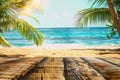 Wooden old table of free space for your decoration. Summer beach landscape with palms and ocean. Summer suny day and sun light.