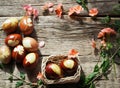 Wooden old table with spread eggs and marigold flowers in a circle Royalty Free Stock Photo