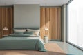 Wooden and olive panoramic master bedroom interior design Royalty Free Stock Photo