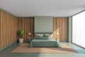 Wooden and olive panoramic master bedroom interior Royalty Free Stock Photo