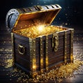 Wooden open antique treasure chest with gold coins. Royalty Free Stock Photo