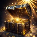 Wooden open antique treasure chest with gold coins Royalty Free Stock Photo