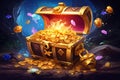 Wooden open chest with golden coins and luxury gems, pirate treasure box game asset.