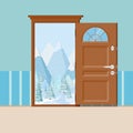 Wooden open door with frame in cartoon flat style