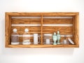 Wooden open shelves with decorative objects. Royalty Free Stock Photo