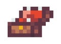 Wooden opened chest with gold isolated. Pixel art icon. Flat style logo. Video game 8-bit sprite