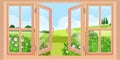 Wooden opened spring window vector landscape view from house, flat nature illustration, bushes, green hills.