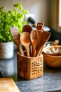 Wooden organizer holds several spoons and fork. Generative AI Royalty Free Stock Photo