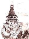 Wooden orthodox church with wooden domes in ancient Russian style, black and white city travel sketch