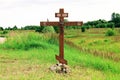 Wooden Orthodox cross, installed on the roadside in central Russia