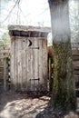 Wooden outhouse in the woods Royalty Free Stock Photo