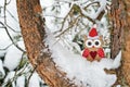 Wooden owl toy in Santa costume on snow-covered pine tree Royalty Free Stock Photo