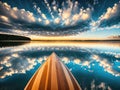 A wooden paddle boat floating on a calm lake at sunset. Royalty Free Stock Photo